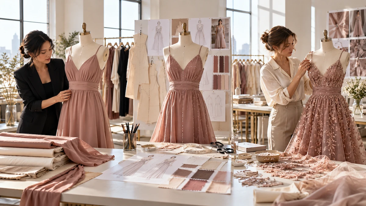 Dress Production Routes and MOQ Comparison Womenswear dress development comparing stocked fabric custom fabric and embellished production routes