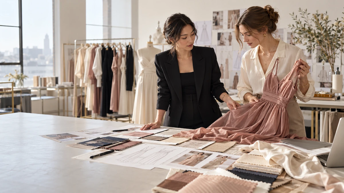 Low MOQ Clothing Manufacturing for Fashion Brands Low MOQ clothing manufacturer reviewing womenswear samples and fabric options for a fashion brand