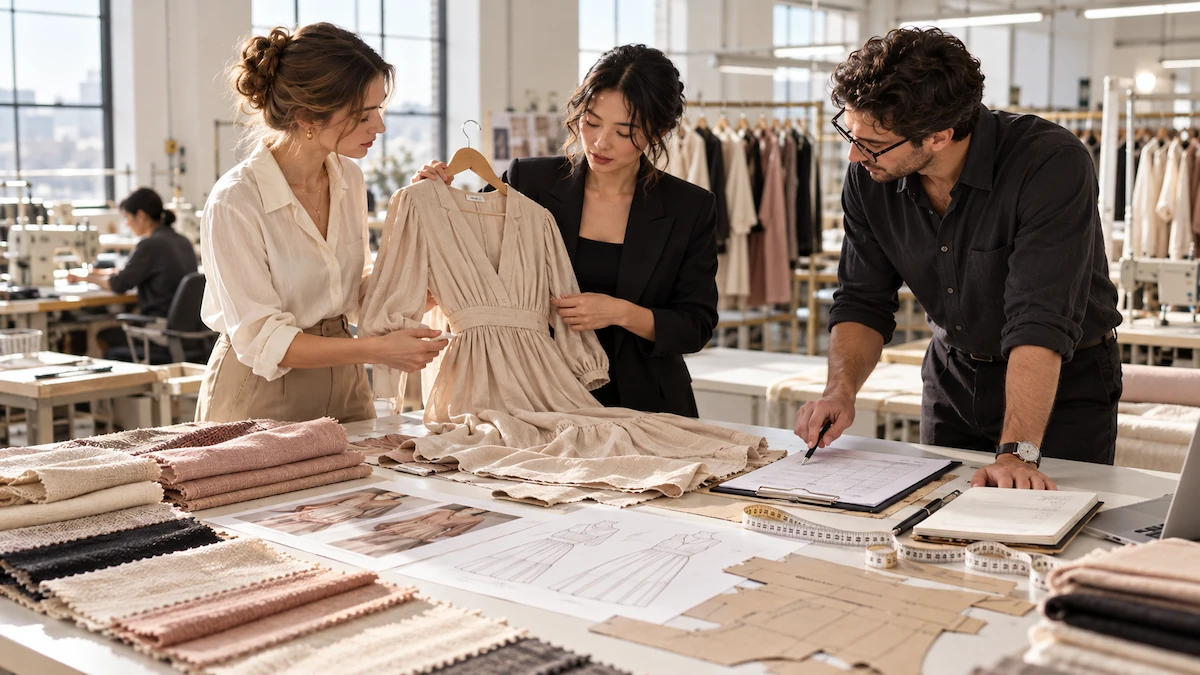 Low MOQ Womenswear Production Review Womenswear factory team reviewing a low MOQ clothing production brief before bulk manufacturing