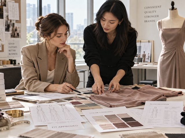 Fashion brand and womenswear manufacturer reviewing garment specifications, fabric swatches and an approved sample for OEM production