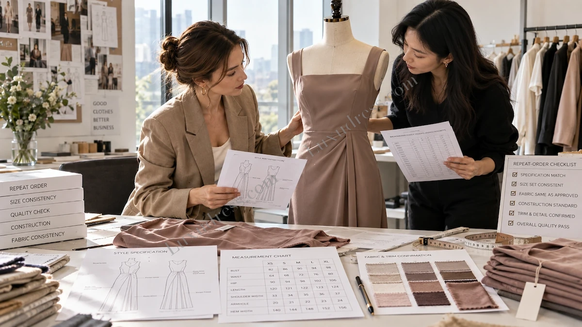 Quality control team checking measurements and construction against an approved pre-production sample for a repeat OEM order