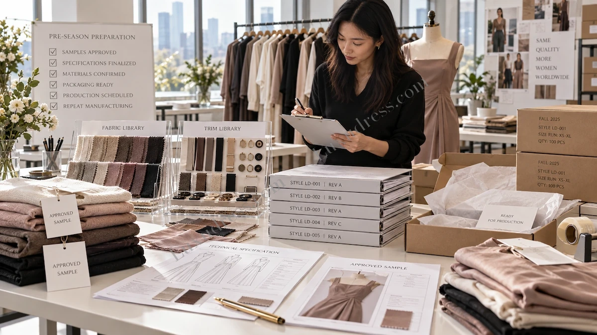 Womenswear production team preparing approved pattern, fabric, colour and packing standards before an OEM repeat order