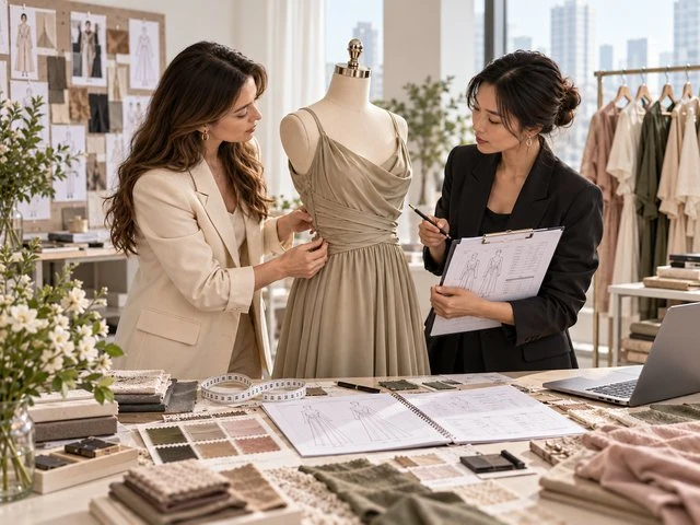 Womenswear brand and OEM clothing manufacturer reviewing a custom dress sample and technical specifications