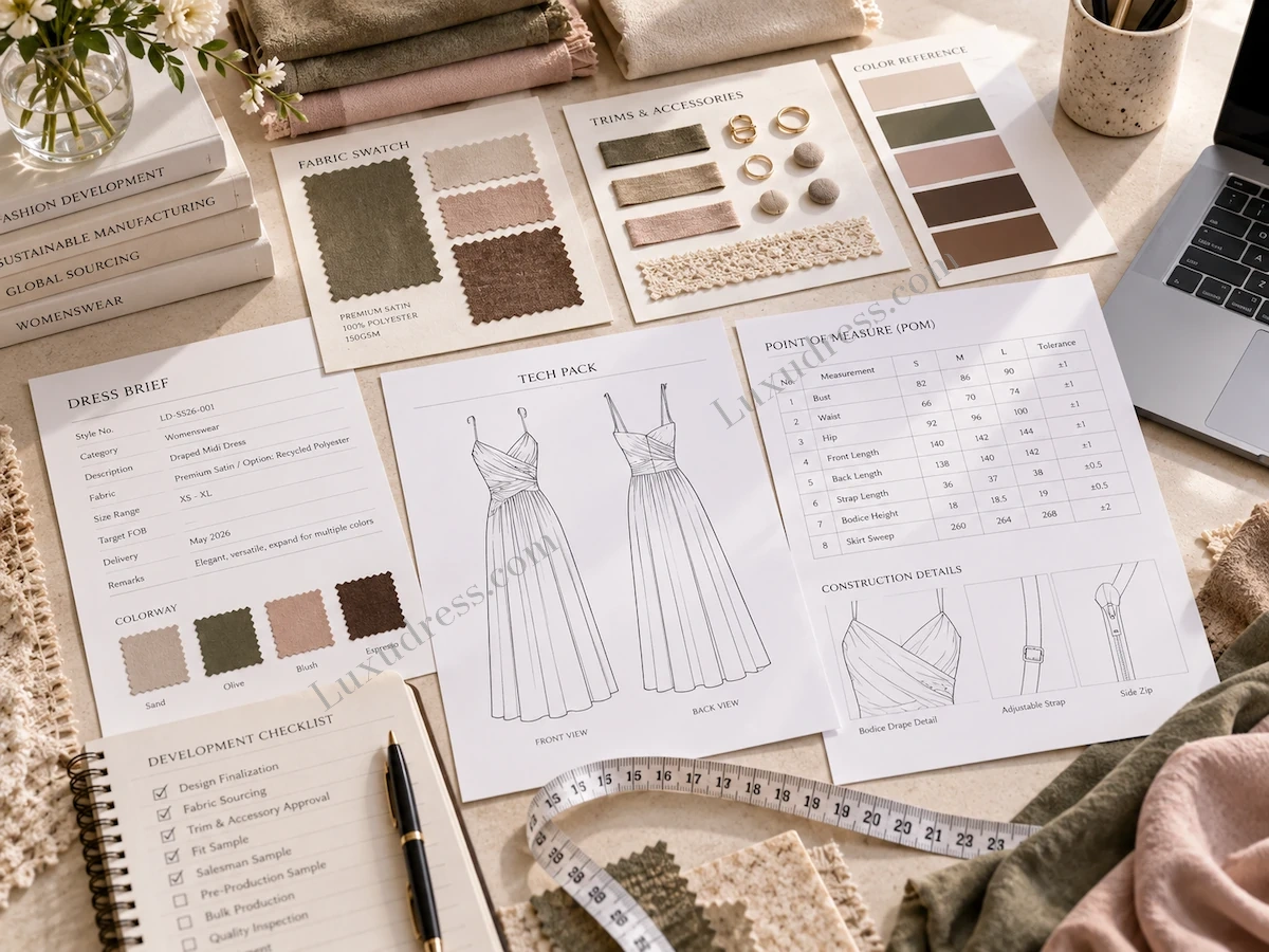 OEM Clothing Manufacturing Tech Pack Specification OEM clothing manufacturing tech pack with garment measurements, fabric swatches, trims and construction details