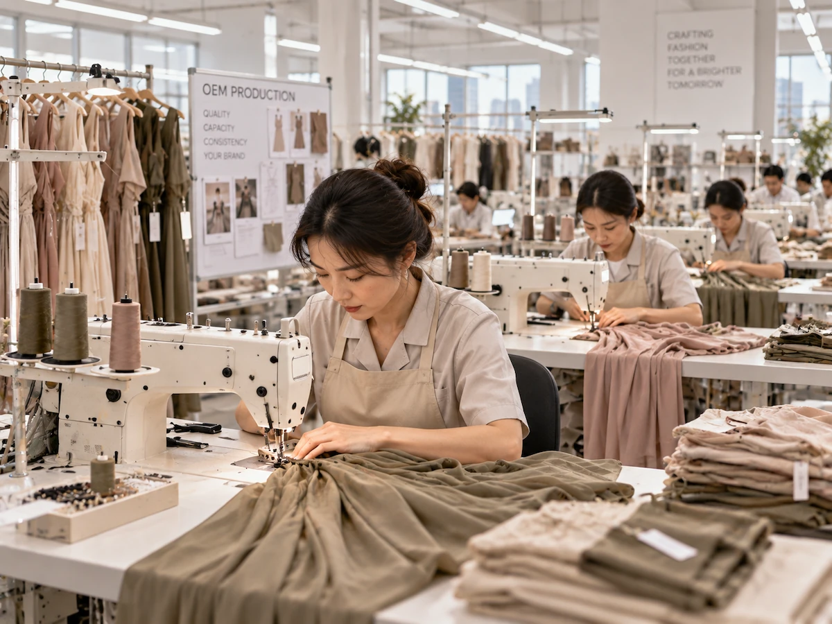 Sewing stations on a bulk womenswear production line