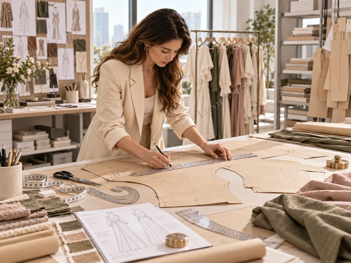 OEM Womenswear Pattern Making Development Pattern maker drafting womenswear paper patterns for OEM clothing development and garment production