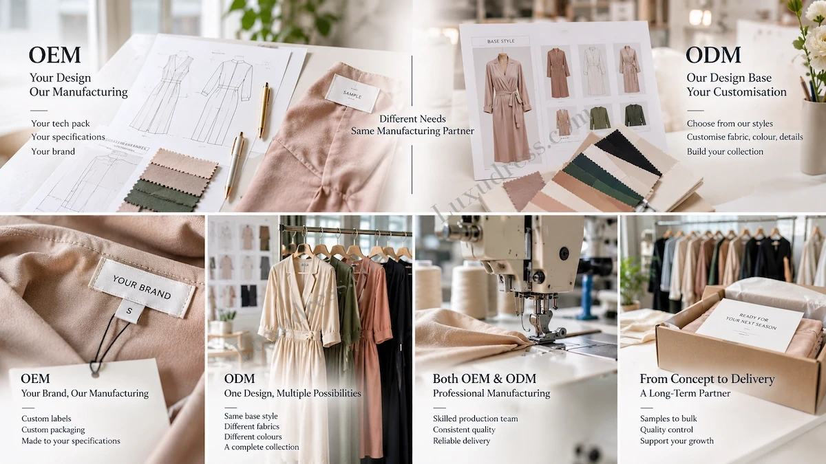 OEM and ODM clothing customisation comparison showing brand specifications, base styles, fabric options and private label production