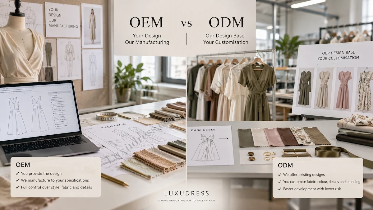 OEM and ODM womenswear development routes comparing buyer specifications with manufacturer base styles and customisation options