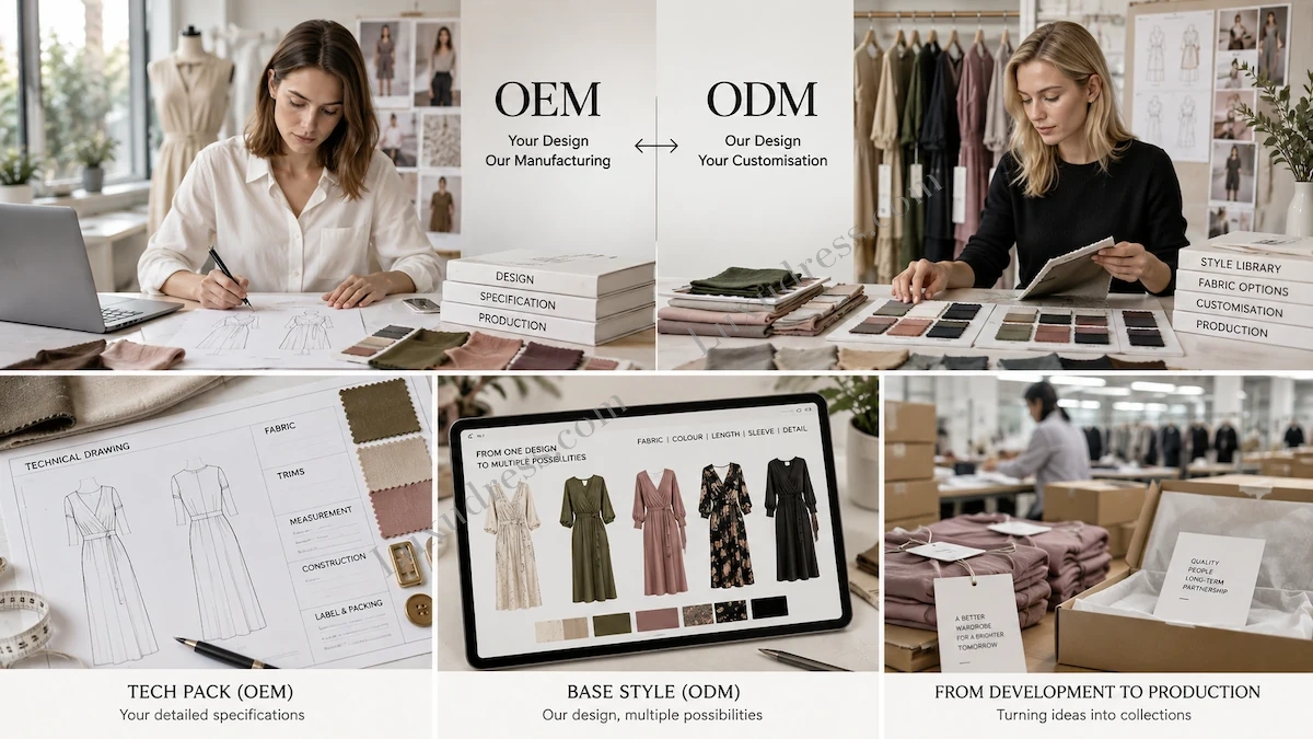 OEM vs ODM clothing development showing different design routes from technical specifications and base styles to bulk production