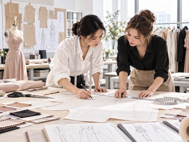 Pattern makers reviewing womenswear patterns, fabric swatches and garment construction in a fashion development studio