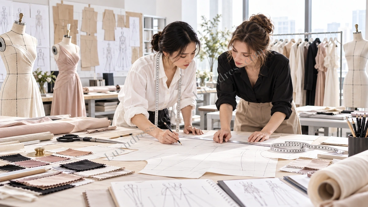 Womenswear Pattern Making and Pattern Review Pattern makers reviewing womenswear patterns, fabric swatches and garment construction in a fashion development studio