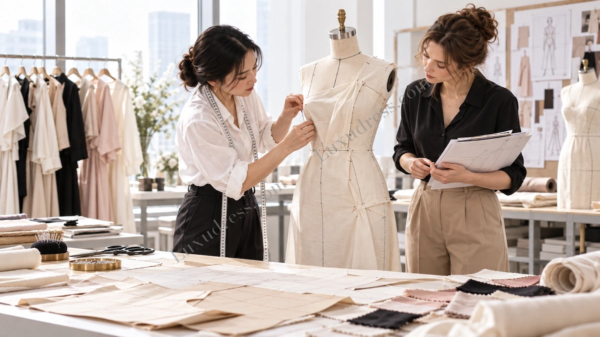 Dress Form Fit Development in Womenswear Pattern Making Pattern maker refining garment shape and fit on a dress form during womenswear product development
