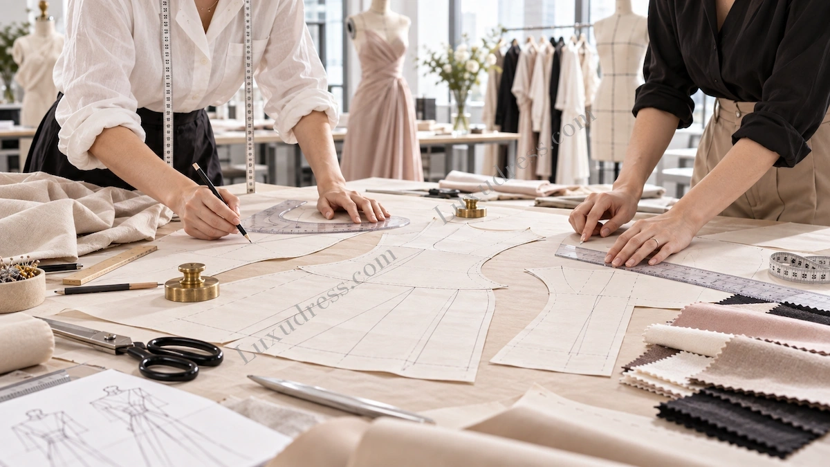 Flat Pattern Development for Womenswear Manufacturing Womenswear pattern makers drafting and measuring flat garment patterns for clothing production