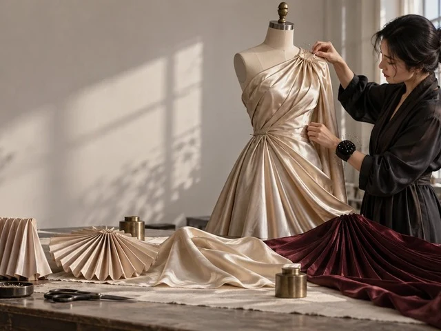 A maker hand-draping pleats into a champagne satin gown in a design studio