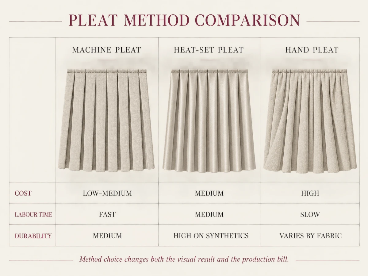 Comparison table of pleat methods: machine, heat-set and hand across cost, labour and durability Comparison table of pleat methods: machine, heat-set and hand across cost, labour and durability