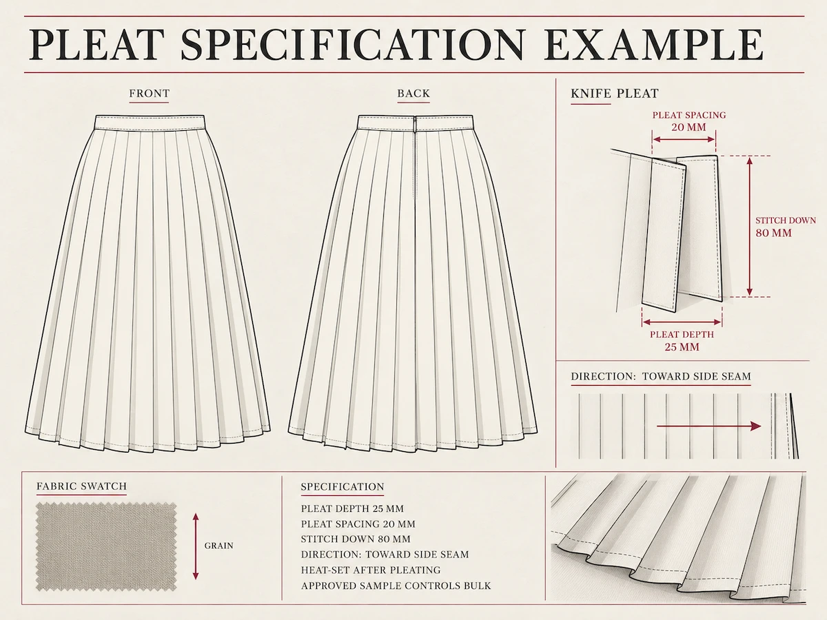 Tech pack notation example showing how to specify a pleat Tech pack notation example showing how to specify a pleat