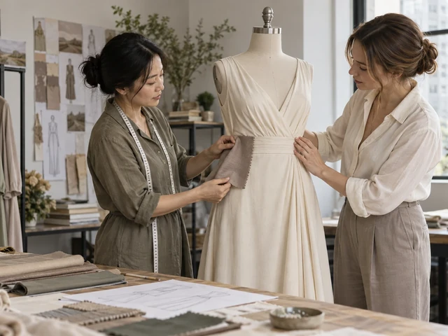 Womenswear developers comparing a taupe fabric swatch with an ivory dress on a dress form