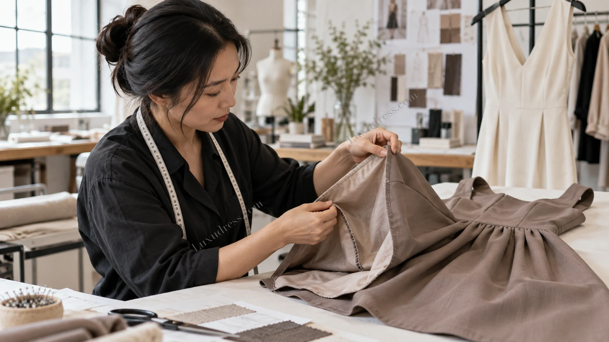 Private Label Dress Seam and Lining Review Garment technician examining the lining and inside seam of a taupe dress