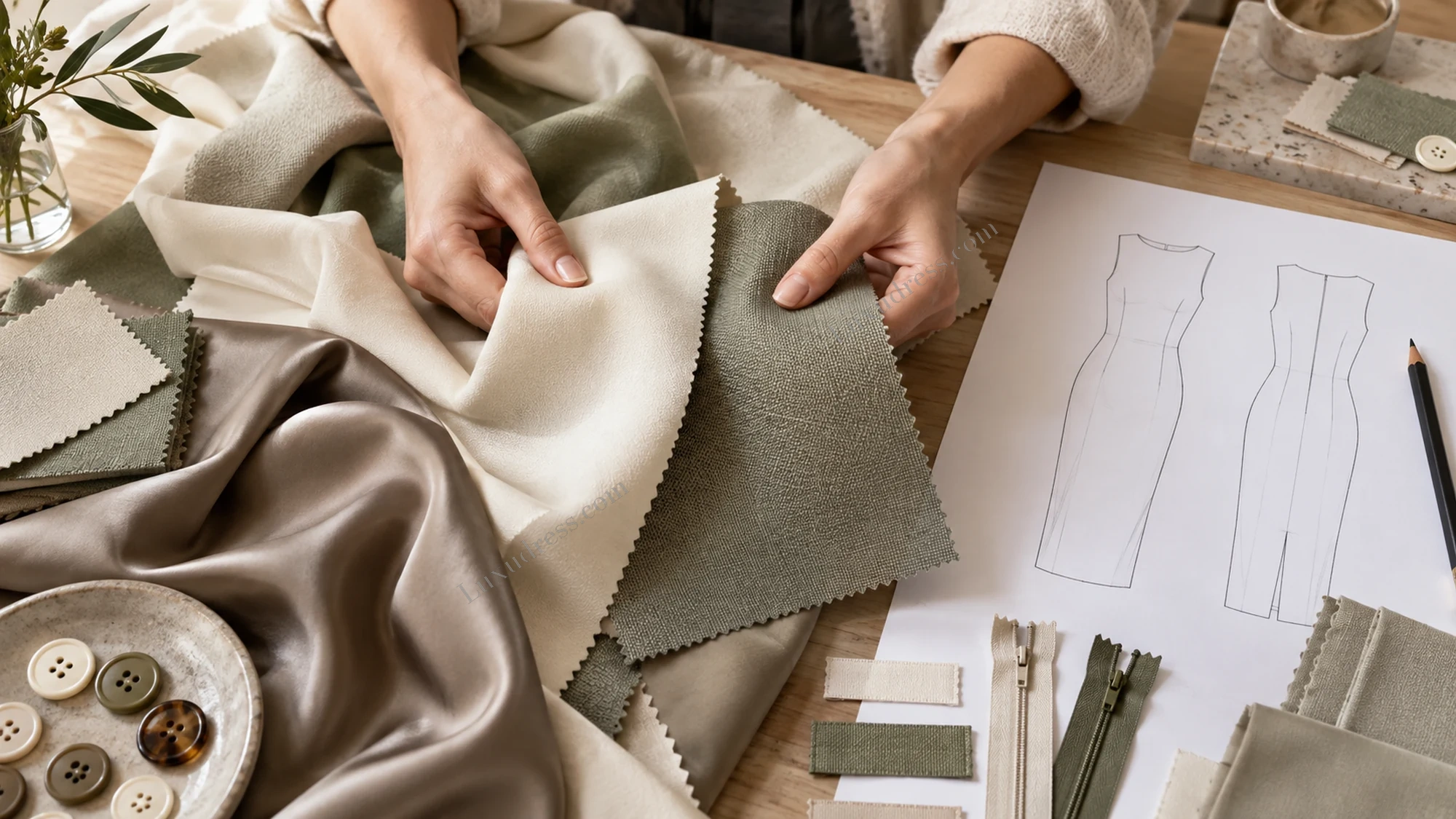 Private Label Fabric and Trim Specification Hands comparing ivory and sage fabrics beside zips, buttons, blank labels and a dress drawing