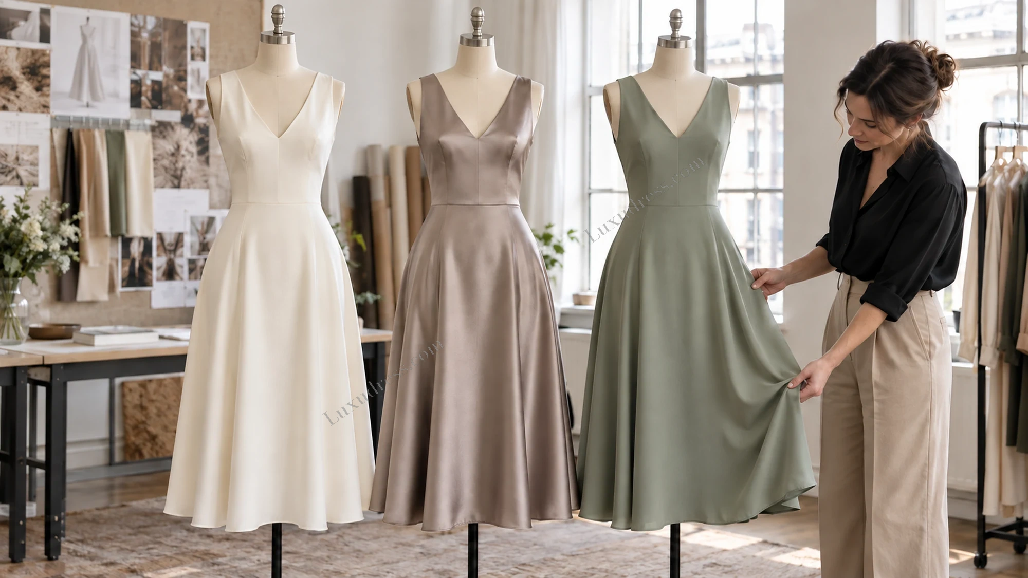 One Midi Dress Construction in Three Fabrics Three matching midi dress silhouettes in ivory, taupe satin and sage fabric on dress forms