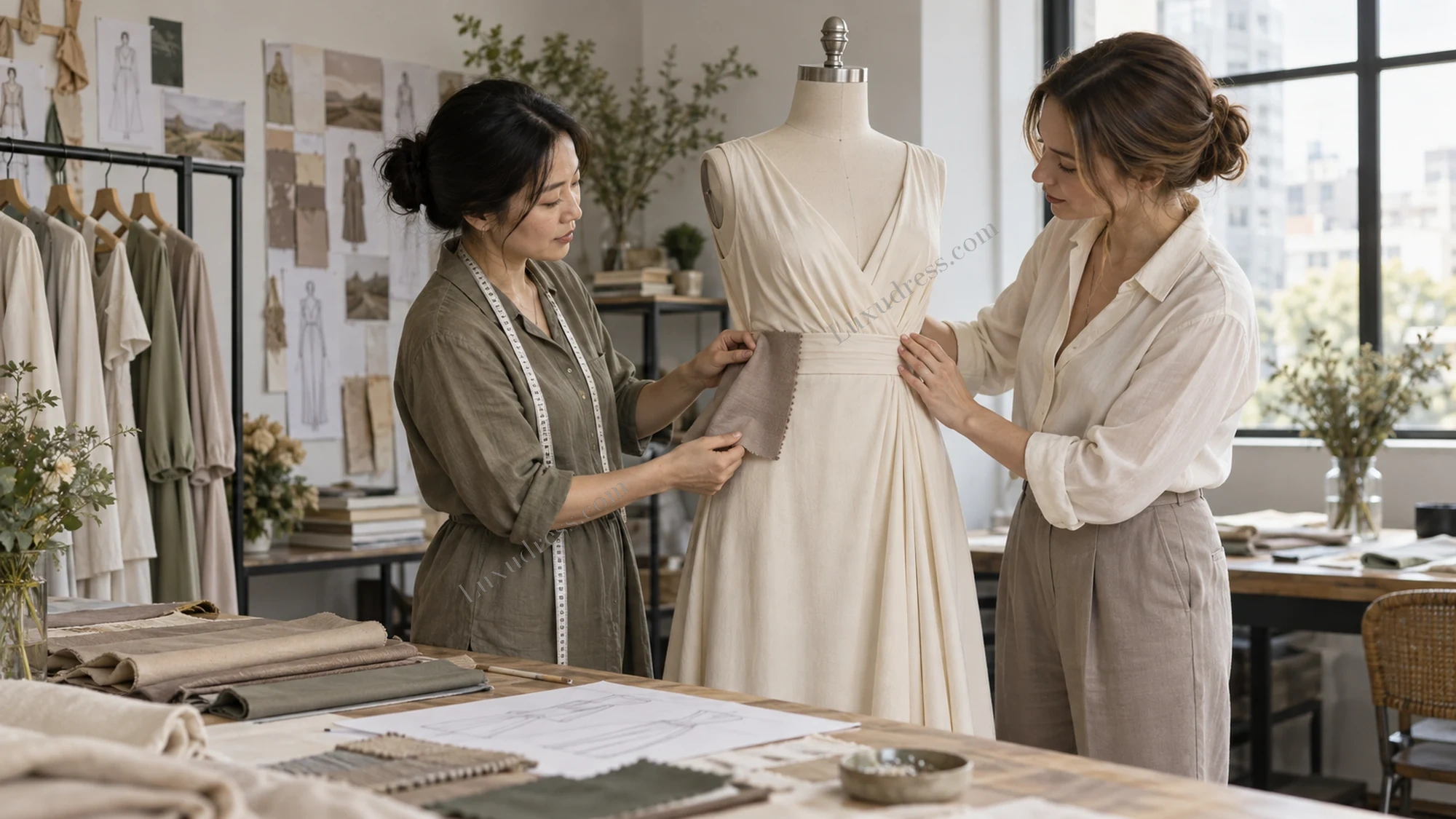 Private Label Womenswear Development Review Womenswear developers comparing a taupe fabric swatch with an ivory dress on a dress form