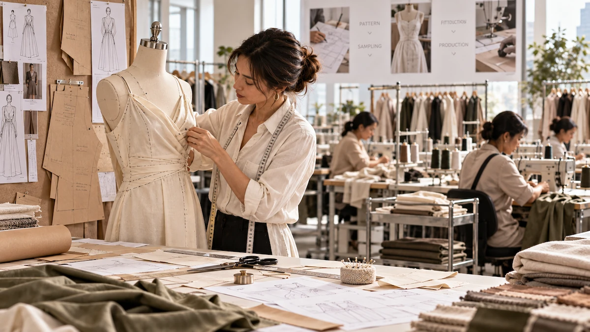 Pattern making, sampling and production stages of a womenswear style