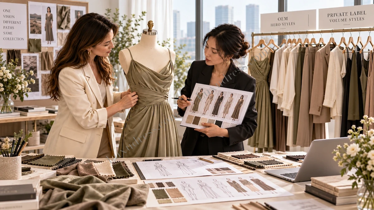 Private Label and OEM Hybrid Collection Planning Fashion team planning a hybrid collection using OEM hero styles and private label volume styles