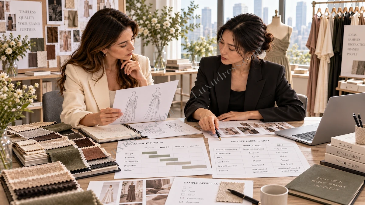 Private Label vs OEM Brand Strategy Decision Fashion brand team reviewing product strategy development timeline and sourcing options for private label and OEM clothing