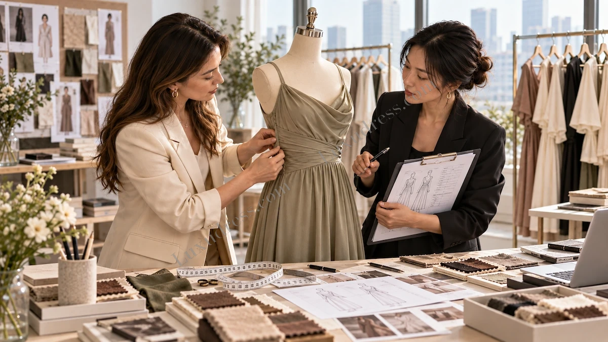 Private Label vs OEM Womenswear Development Review Womenswear development team reviewing a dress sample and technical details when comparing private label and OEM production