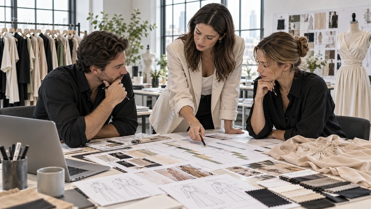 Production Planning With Clothing Manufacturer Fashion production planning meeting discussing timelines communication and order management with a clothing manufacturer
