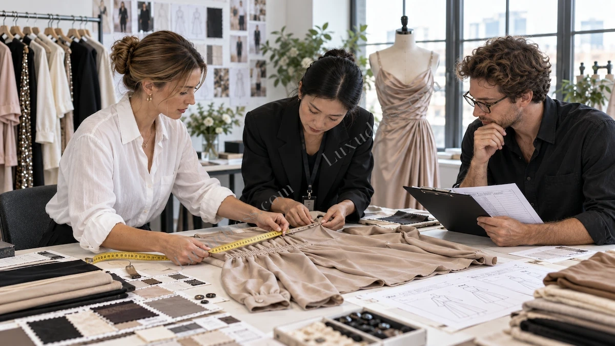 Garment Quality Inspection Review Garment quality inspection meeting reviewing workmanship standards and clothing manufacturer quality control