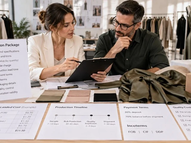 Clothing manufacturing quotation and terms being reviewed line by line
