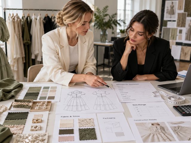 Fashion buyer and womenswear manufacturer reviewing a clothing manufacturing quote request with garment sketches fabric swatches and production details