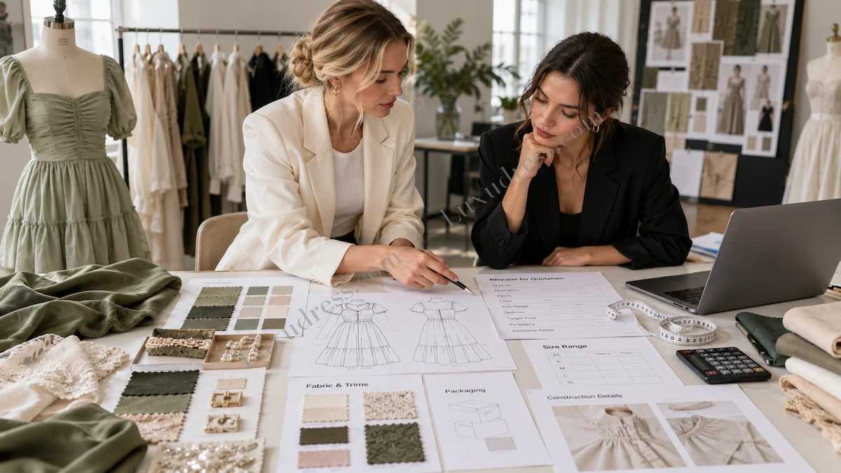 Clothing Manufacturing Quote Request Review Fashion buyer and womenswear manufacturer reviewing a clothing manufacturing quote request with garment sketches fabric swatches and production details