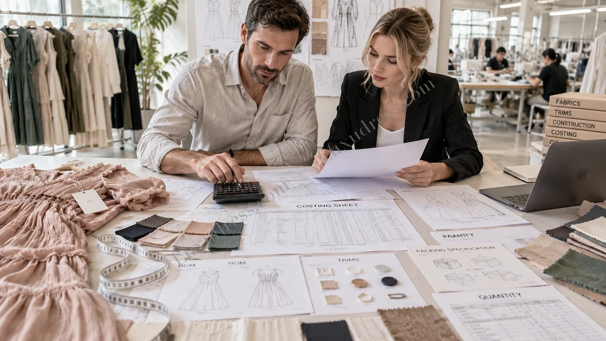 Garment Costing Sheet and Manufacturing Quote Review Garment costing team reviewing a clothing manufacturing quote with BOM trims quantities packing specifications and production costs