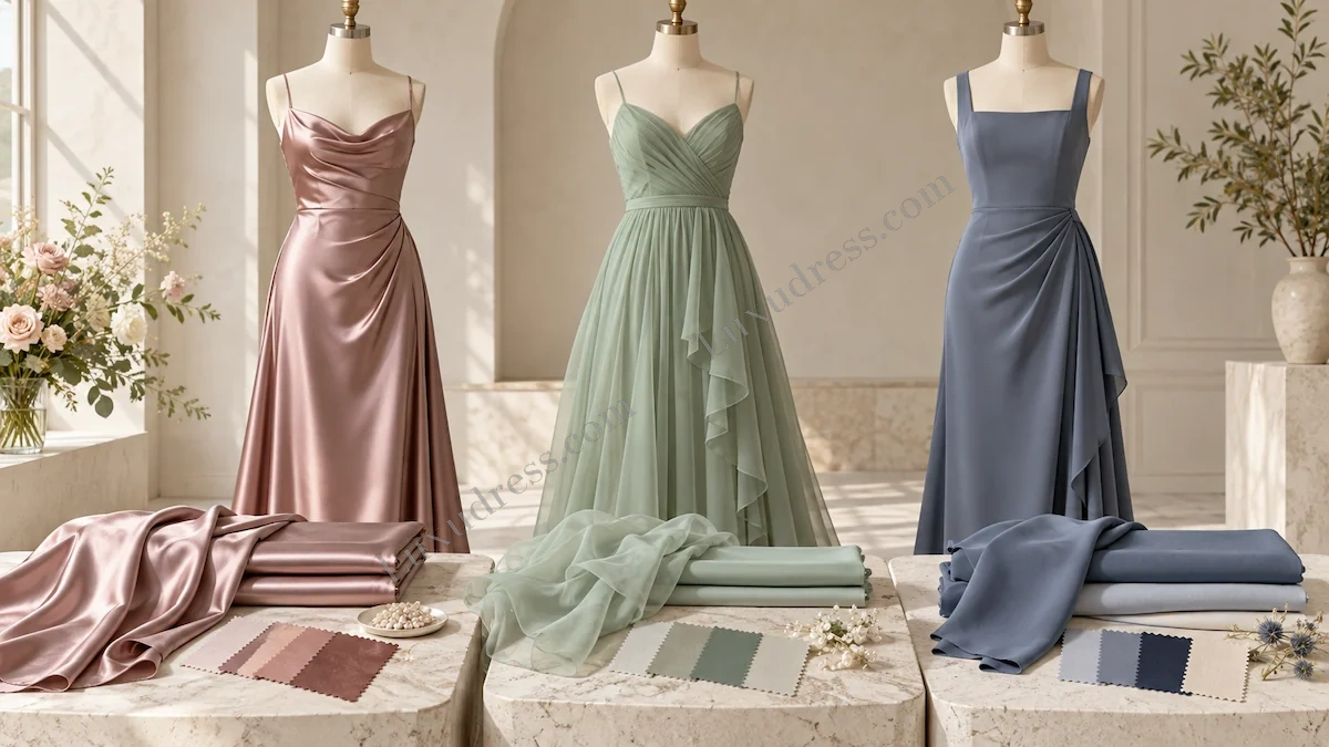 Satin vs Chiffon vs Crepe for Bridesmaid Dresses: garments, fabrics or components compared Satin vs Chiffon vs Crepe for Bridesmaid Dresses: garments, fabrics or components compared