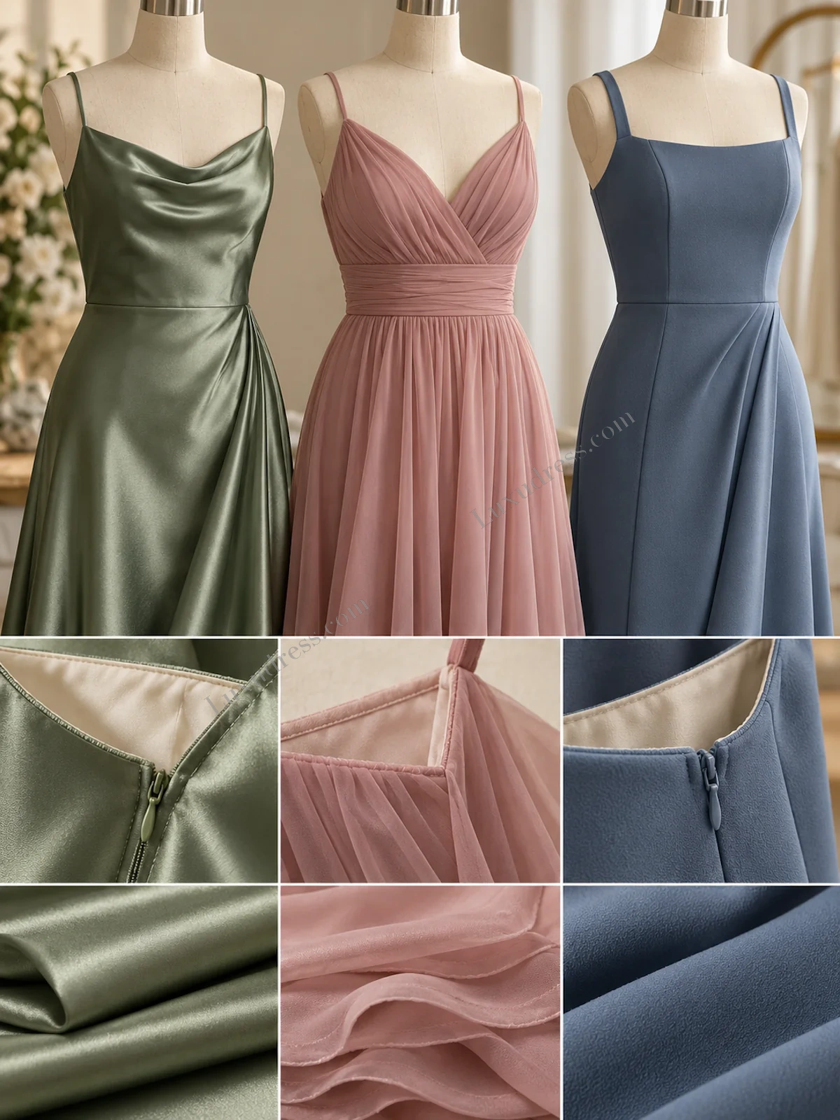 Satin vs Chiffon vs Crepe for Bridesmaid Dresses: close construction detail Satin vs Chiffon vs Crepe for Bridesmaid Dresses: close construction detail