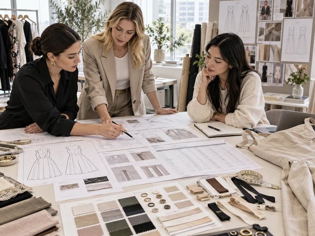 Womenswear development team reviewing a fashion tech pack and garment specifications in a bright design studio
