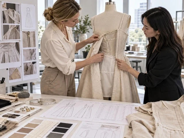 Structured bodice construction details being reviewed for an eveningwear style