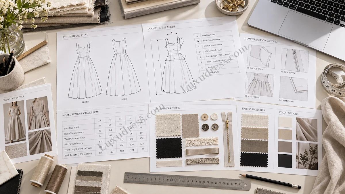 Fashion tech pack layout with flat sketches measurement references fabric notes and technical details on a neutral studio desk