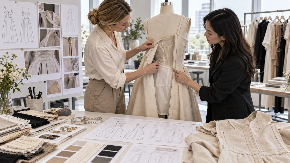 Dress Construction Details Review Garment construction details being reviewed against an eveningwear development record
