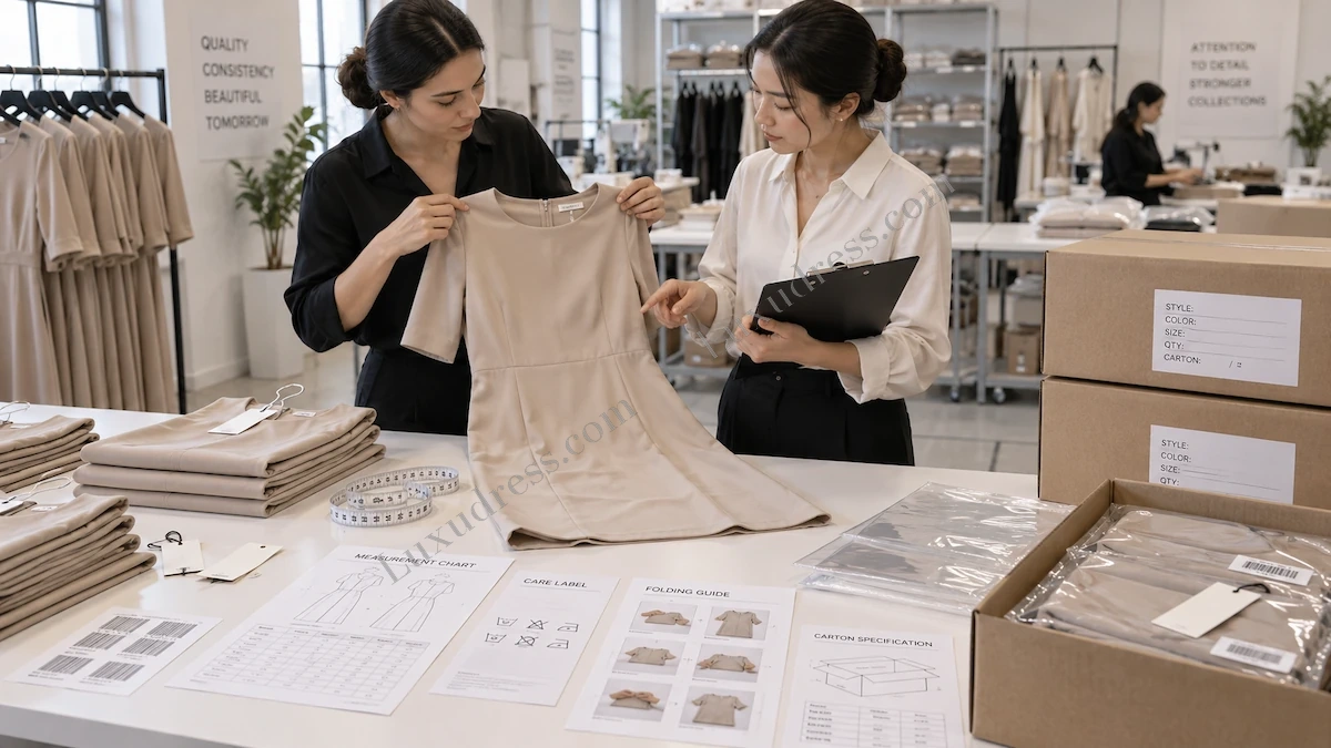 Garment quality control labeling and packing process for womenswear production