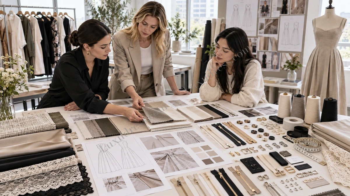 Fashion product development team reviewing sampling progress and tech pack details in a womenswear studio