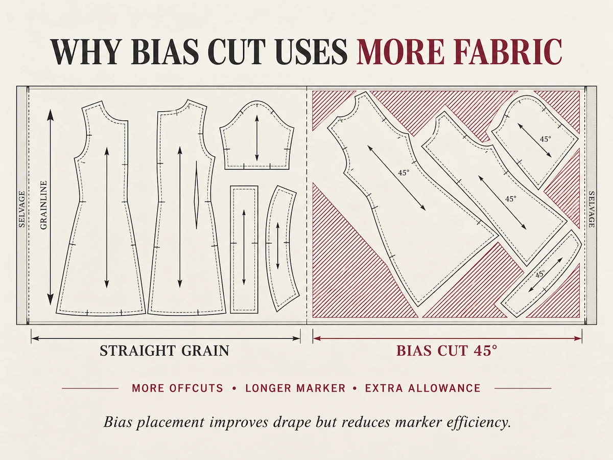 Bias-cut layout showing diagonal placement wastes more cloth Bias-cut layout showing diagonal placement wastes more cloth
