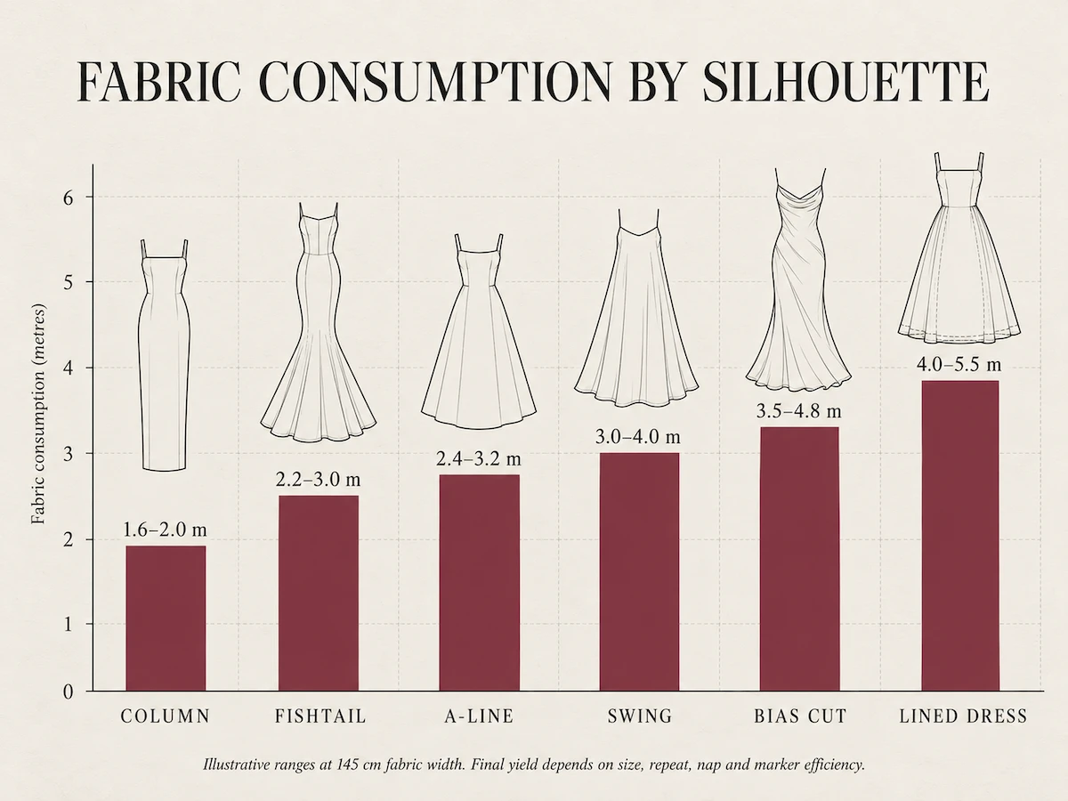 Bar chart of fabric consumption by silhouette: column, fishtail, A-line, swing, bias cut and lined Bar chart of fabric consumption by silhouette: column, fishtail, A-line, swing, bias cut and lined
