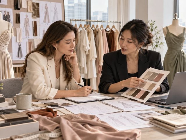 Fashion design team discussing garment specifications before contacting a clothing manufacturer