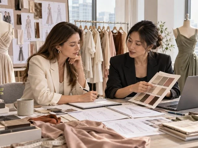 Fashion design team discussing garment specifications before contacting a clothing manufacturer
