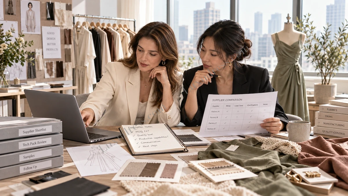 Fashion team reviewing and comparing potential clothing manufacturers for a new brand