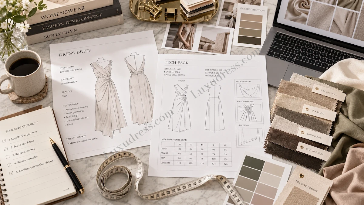 Dress design documents, fabric swatches, and sourcing notes prepared for manufacturer enquiry