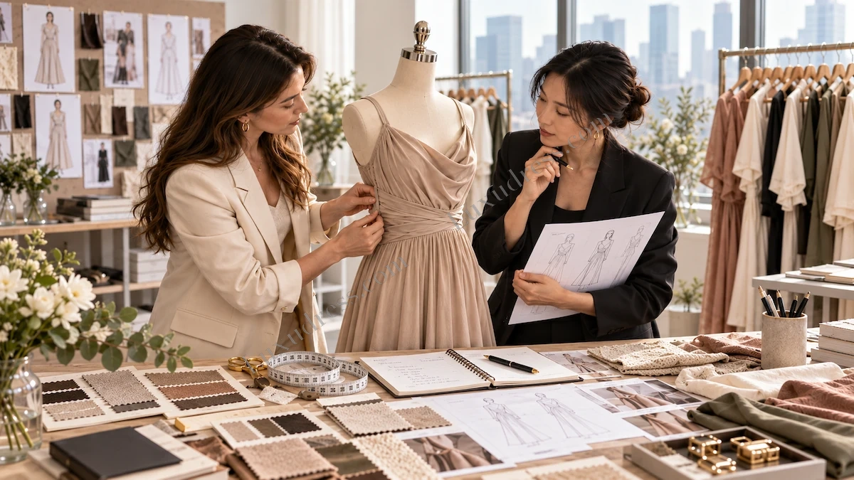 Private Label Brand and Manufacturer Collaboration Brand and manufacturer collaboration in a womenswear studio for private label clothing development